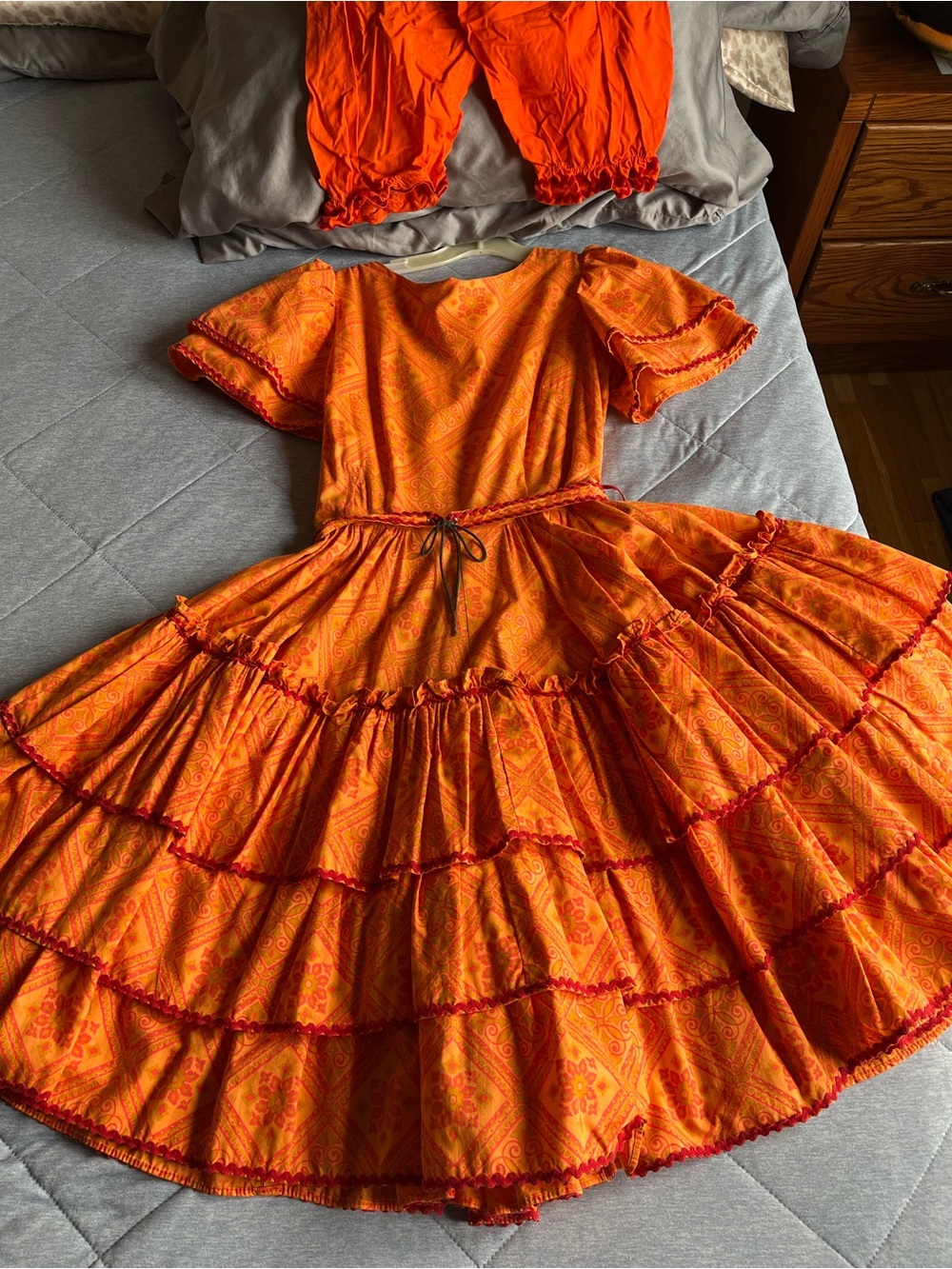 Vintage Orange Tiered Midi Dress with Red Trim & matching undergarment